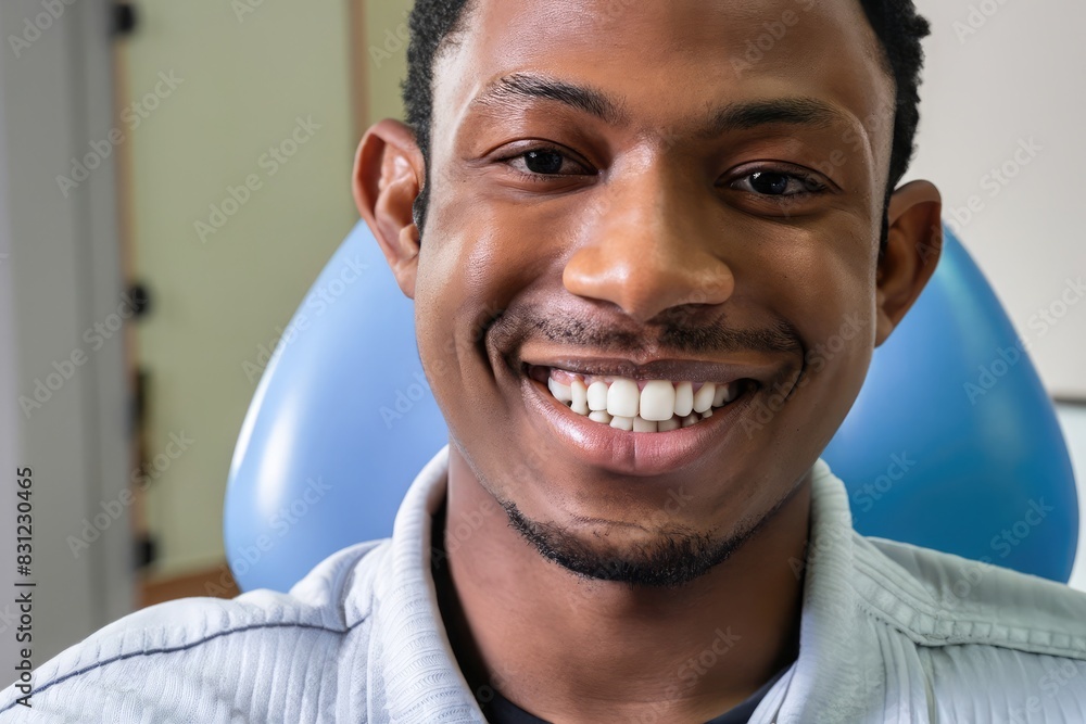Obraz premium young man sitting on a dentist chair, guy with beautiful teeth in a dental studio, male patient in a clinic, beaitiful smile