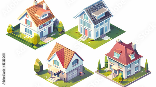 set Classic and modern family house residential apartment buildings. Real estate home property. Set Contemporary standard suburban urban village style with gable and flat roof solar panels.