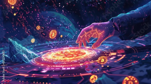Hands Executing Cryptocurrency Transactions on a Futuristic Digital Platform with Holographic Blockchain Technology and Virtual Currency Trading
