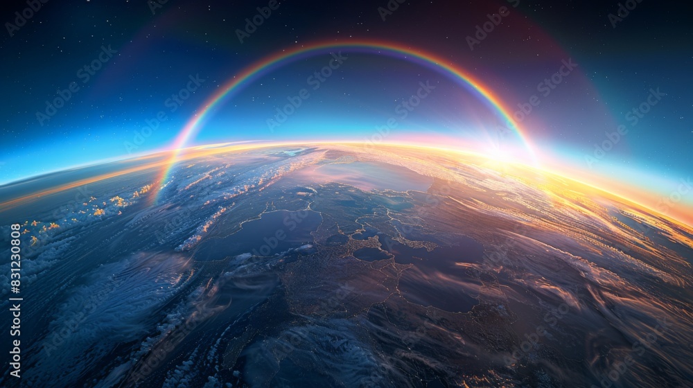 Global Environmental Awareness - Aerial View of Earth with Rainbow, Space Horizon, and Copyspace for Text.