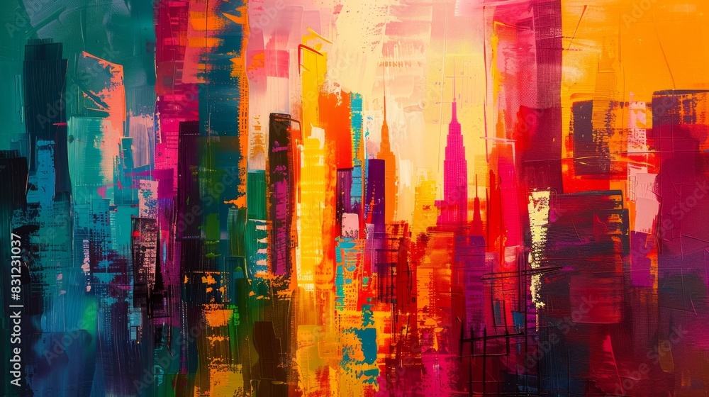 Obraz premium Colorful abstract painting depicting an energetic, urban skyline with dynamic brushstrokes