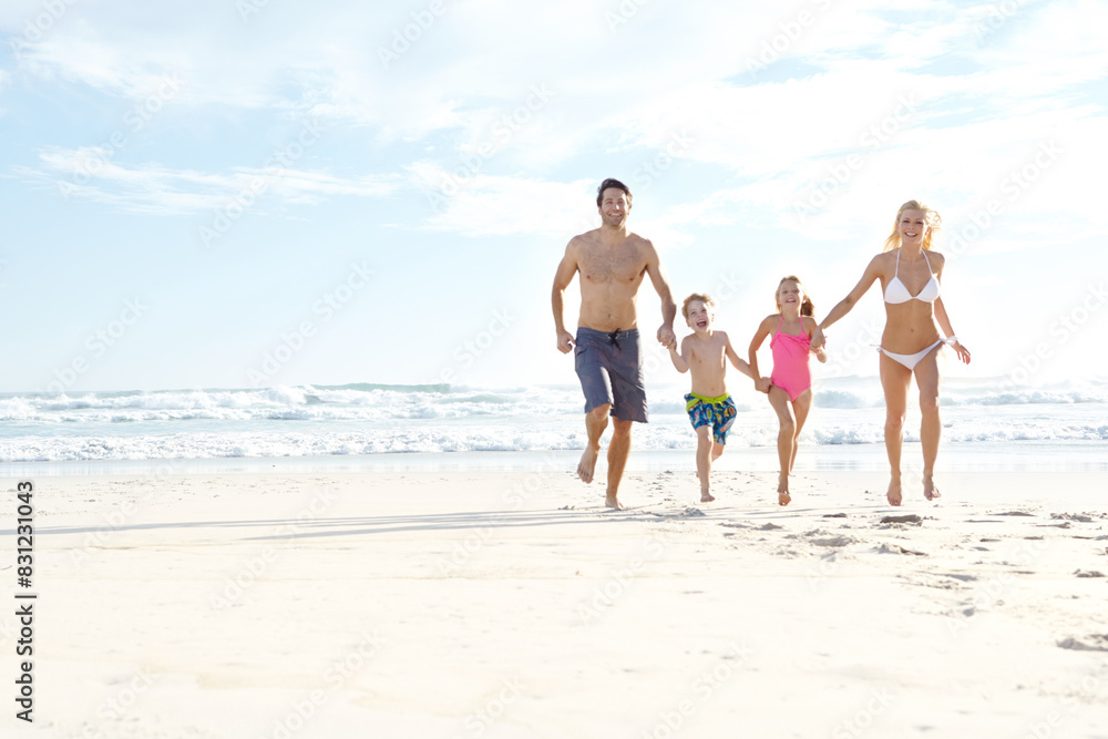 Family, beach and running on sand with ocean for happiness with beautiful blue sky in summer for travel. People, parents and children with freedom in nature on holiday in Maldives with swimwear. Family, beach and running on sand with ocean for happiness with beautiful blue sky in summer for travel. People, parents and children with freedom in nature on holiday in Maldives with swimwear.