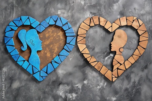 Blue and brown hearts with human heads handmade silhouetes of two persons as health and insurance social responsibility, donation charity, world heart day, world mental health day photo