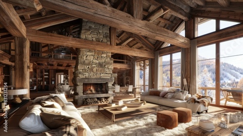 Interior of a Nordic chalet living room, with exposed wooden beams, a stone fireplace, and plush furnishings, radiating rustic elegance and comfort