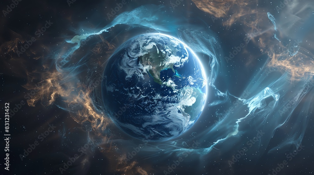 Obraz premium MJO, a fascinating weather phenomenon that impacts tropical regions, Stunning view of Earth from space surrounded by colorful cosmic clouds and energy, depicting the beauty and mystery of our planet.