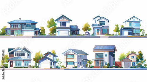set Classic and modern family house residential apartment buildings. Real estate home property. Set Contemporary standard suburban urban village style with gable and flat roof solar panels. © ak159715