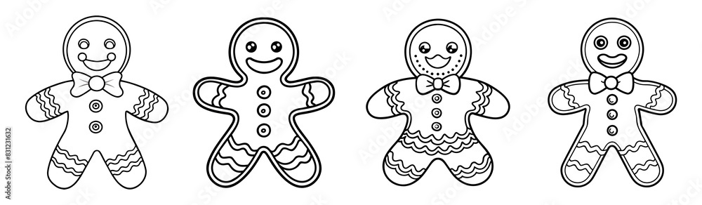 Set of smiling gingerbread man line art illustrations with different decorations for coloring book. Black and white illustration of festive gingerbread men with bows and buttons.Gingerbread men set Set of smiling gingerbread man line art illustrations with different decorations for coloring book. Black and white illustration of festive gingerbread men with bows and buttons.Gingerbread men set