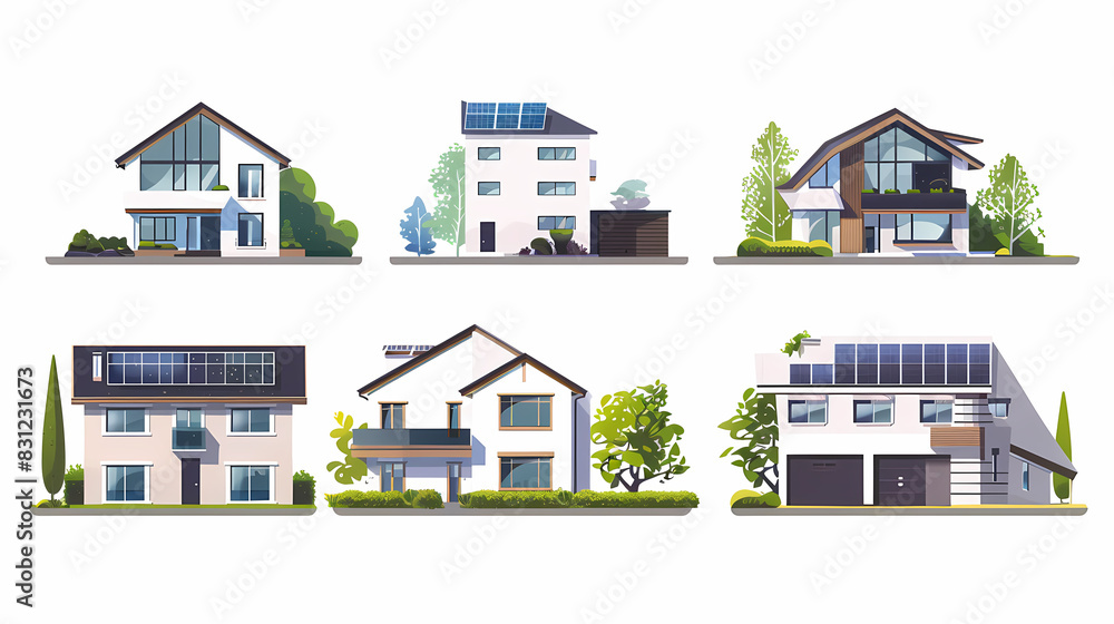 set Classic and modern family house residential apartment buildings. Real estate home property. Set Contemporary standard suburban urban village style with gable and flat roof solar panels.