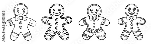 Set of smiling gingerbread man line art illustrations with different decorations for coloring book. Black and white illustration of festive gingerbread men with bows and buttons.Gingerbread men set