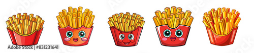 Set of Cartoon french fries in a red carton with a happy face, isolated. Smiling french fries character assortment in a cheerful design. Cute and happy french fries illustration