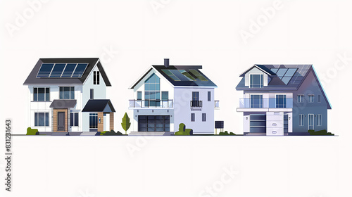 Wallpaper Mural set Classic and modern family house residential apartment buildings. Real estate home property. Set Contemporary standard suburban urban village style with gable and flat roof solar panels. Torontodigital.ca