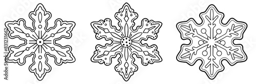 Set of gingerbread snowflake designs in black and white line art, coloring book concept. Set of three detailed snowflake illustrations, ideal for festive decorations and winter themes