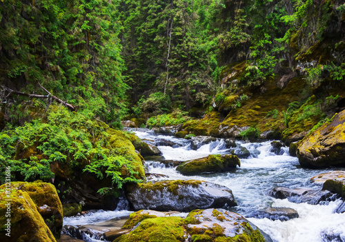 Mountain river winding through lush valleys.