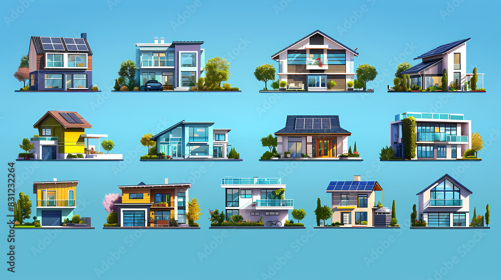 set Classic and modern family house residential apartment buildings. Real estate home property. Set Contemporary standard suburban urban village style with gable and flat roof solar panels. set Classic and modern family house residential apartment buildings. Real estate home property. Set Contemporary standard suburban urban village style with gable and flat roof solar panels.