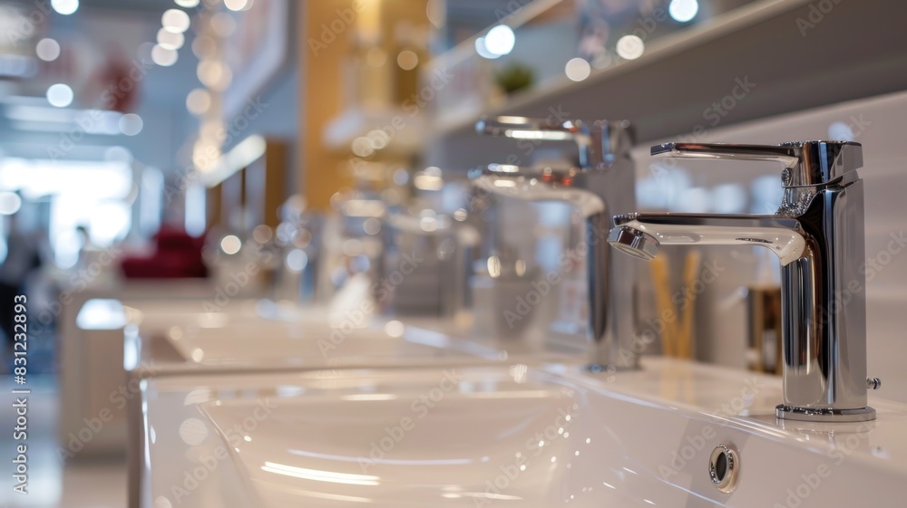 Choosing bathroom fixtures in a showroom, focusing on faucets, showerheads, and sinks Choosing bathroom fixtures in a showroom, focusing on faucets, showerheads, and sinks