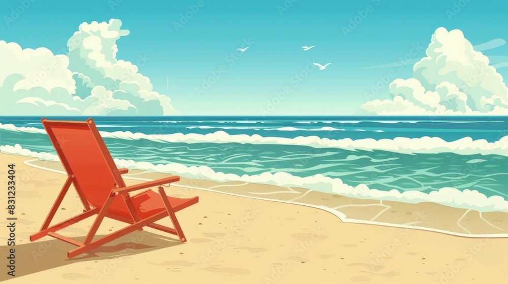 Relaxing Beach Chair by the Serene Shoreline Inviting a Day of Leisure and Tranquil Contemplation in a Picturesque Tropical Setting Relaxing Beach Chair by the Serene Shoreline Inviting a Day of Leisure and Tranquil Contemplation in a Picturesque Tropical Setting