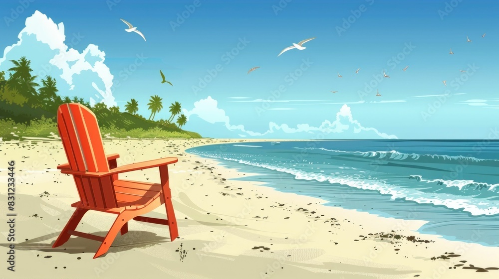 Inviting Red Beach Chair Resting on the Serene Sandy Shoreline Overlooking the Calming Ocean Waves and Picturesque Cloudscape Inviting Red Beach Chair Resting on the Serene Sandy Shoreline Overlooking the Calming Ocean Waves and Picturesque Cloudscape