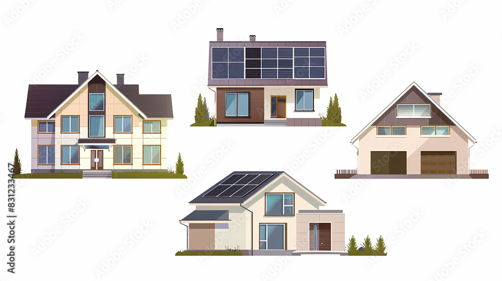 set Classic and modern family house residential apartment buildings. Real estate home property. Set Contemporary standard suburban urban village style with gable and flat roof solar panels.