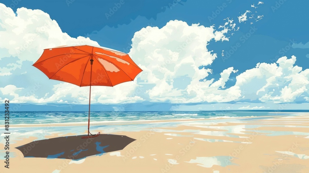 Vibrant Beach Umbrella Casting a Comforting Shadow on the Sandy Shoreline Providing a Tranquil Oasis for Relaxation and Escape from the Summer Heat
