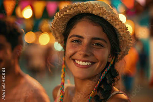Beautiful young girl. Smiling latin woman with dark hair, braided braids. Straw hat. Blurred street background at night, bunting flags, bokeh lights. Festa Junina, Arraial, Sao Joao holiday. Midsummer photo