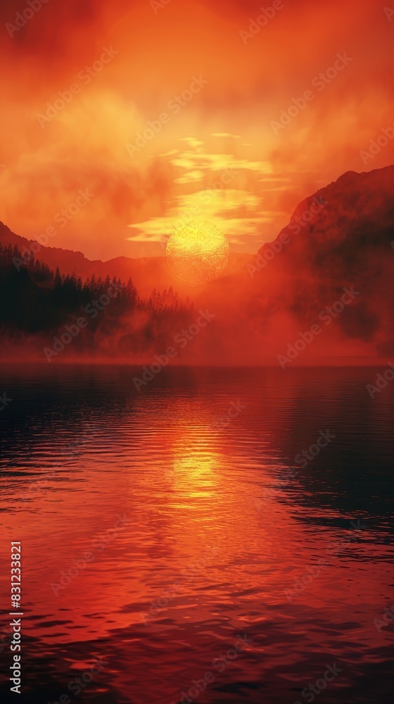 fiery sunrise over a tranquil lake with mist rising generated by AI fiery sunrise over a tranquil lake with mist rising generated by AI