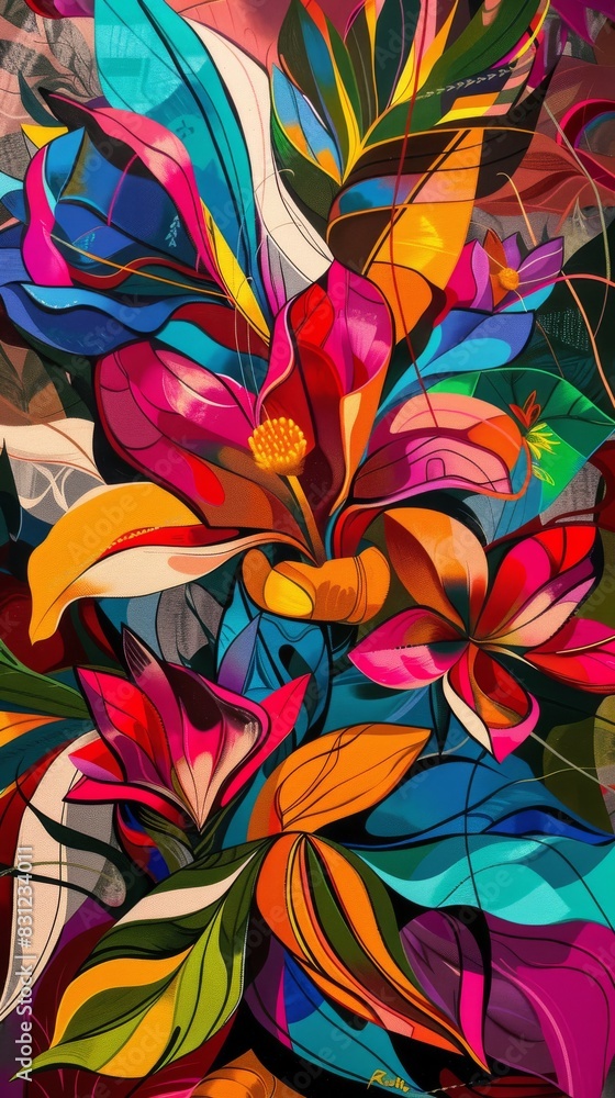 Vibrant abstract painting featuring stylized floral elements with dynamic colors Vibrant abstract painting featuring stylized floral elements with dynamic colors
