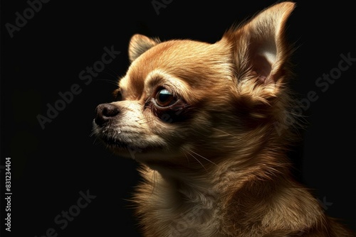 Captivating chihuahua gazes distantly, illuminated by a striking side light against a black background © anatolir