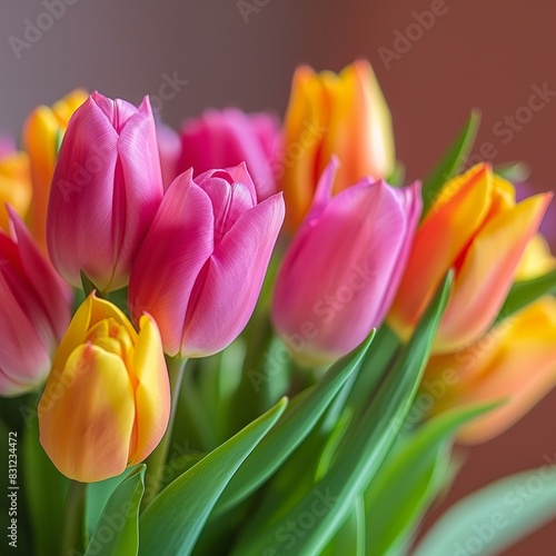 natural background A beautiful bouquet of collor full tulips - 1 photo