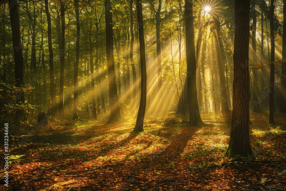 Fototapeta premium A peaceful forest clearing with shafts of golden sunlight filtering through generated by AI