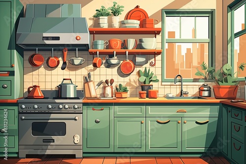 A sunny kitchen with green cabinets, a window overlooking a cityscape, and a variety of pots and pans hanging from the ceiling.