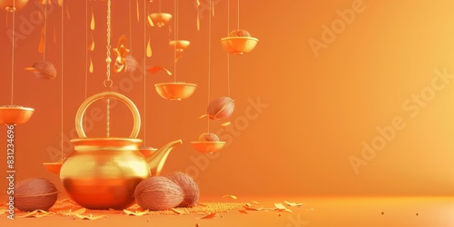 brass pot with some coconut and diwali festival elements hanging in the air on orange background