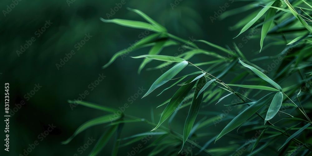 closeup of bamboo leaves swaying in the breeze on dark green blur background closeup of bamboo leaves swaying in the breeze on dark green blur background