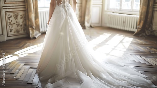 The bride's long white dress trails behind her as she walks down the aisle. The dress is made of a delicate fabric and has a long train.