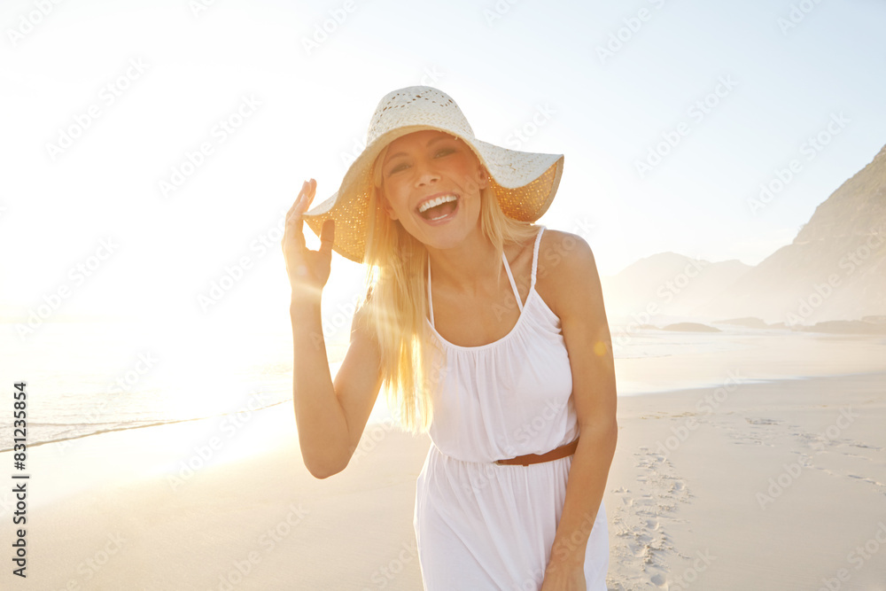 Portrait, hat and woman on beach with sand for holiday travel, summer sunshine and sunset for tropical environment. Ocean vacation, tourist girl and peace for wellness and outdoor adventure in Mexico Portrait, hat and woman on beach with sand for holiday travel, summer sunshine and sunset for tropical environment. Ocean vacation, tourist girl and peace for wellness and outdoor adventure in Mexico