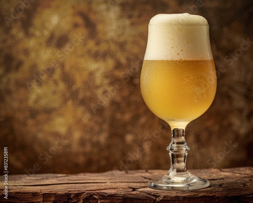 A glass of light yellow beer with foam on old wooden table against a vintage brown background