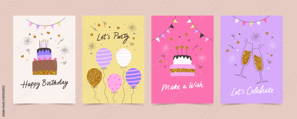 Happy birthday card set with cake, balloons and calligraphy. Cute bright vector templates Happy birthday card set with cake, balloons and calligraphy. Cute bright vector templates