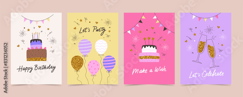 Happy birthday card set with cake  balloons and calligraphy. Cute bright vector templates