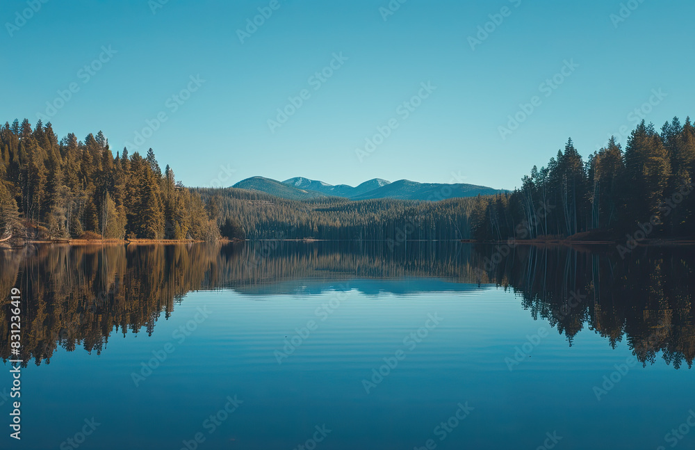 A serene lake reflecting the surrounding forest and mountains, with clear blue skies overhead. Created with Ai