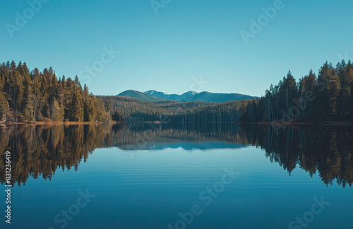 A serene lake reflecting the surrounding forest and mountains, with clear blue skies overhead. Created with Ai