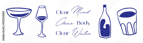 Concept drink more water, drinking in a glass and bottle, healthy rituals drink more water vector illustration set, glass bottle. Various bottles, glass, flask in hand drawn style modern isolated