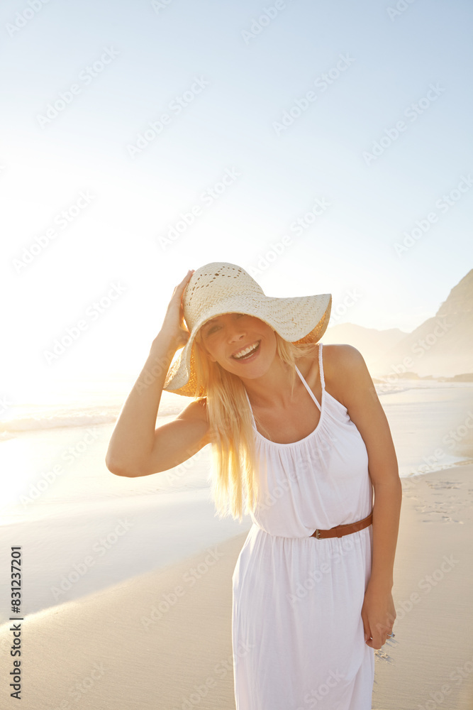 Travel, portrait and woman at beach with hat for summer vacation, holiday trip or tropical getaway. Nature, freedom and person with smile for happiness, weekend adventure or outdoor journey to Mexico