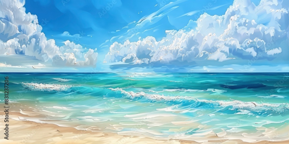 painting of a sea beach with turquoise water and white clouds painting of a sea beach with turquoise water and white clouds
