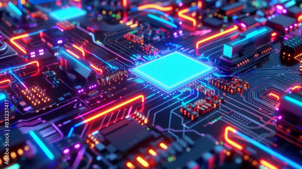Futuristic multicolored circuit board with a glowing blue processor, perfect for illustrating modern technology and computing power Futuristic multicolored circuit board with a glowing blue processor, perfect for illustrating modern technology and computing power