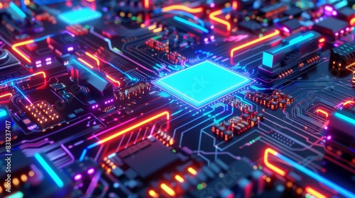 Futuristic multicolored circuit board with a glowing blue processor, perfect for illustrating modern technology and computing power