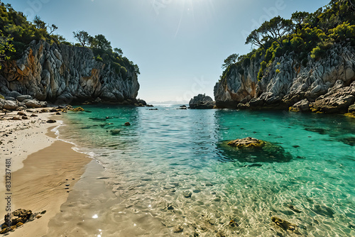 A pristine  scene featuring a poetic blue beach with transparent water, Generative AI photo