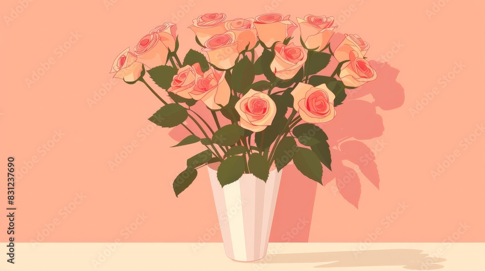 Fototapeta premium Illustration of a bouquet of roses in a vase flat design front view romantic gesture theme cartoon drawing Complementary Color Scheme