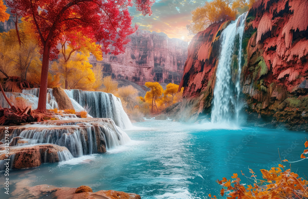 A breathtaking autumn waterfall cascades down colorful cliffs. Created with Ai