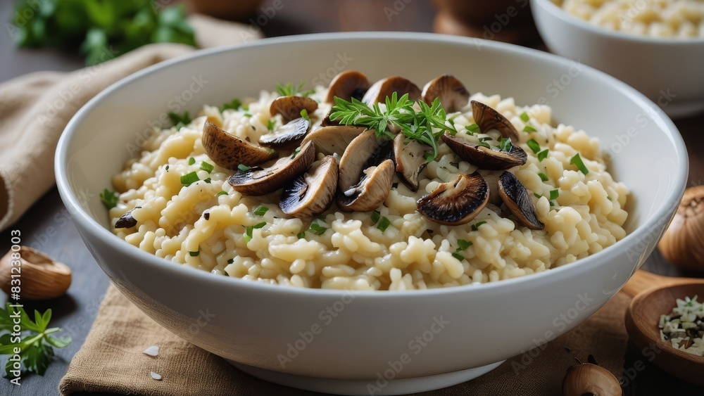 Delicious bowl of creamy mushroom risotto garnished with fresh parsley, set on a rustic wooden table with ingredients in the background. Delicious bowl of creamy mushroom risotto garnished with fresh parsley, set on a rustic wooden table with ingredients in the background.