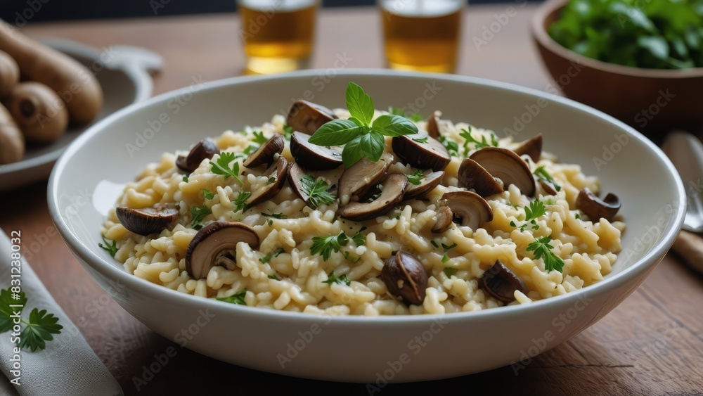Delicious creamy risotto garnished with fresh parsley and sautéed mushrooms, served in a white bowl with a rustic wooden table setting and natural lighting. Delicious creamy risotto garnished with fresh parsley and sautéed mushrooms, served in a white bowl with a rustic wooden table setting and natural lighting.