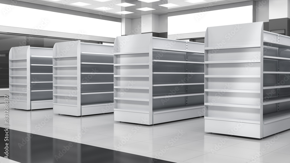 Supermarket interior mockup with rows of empty racks. 3d illustration